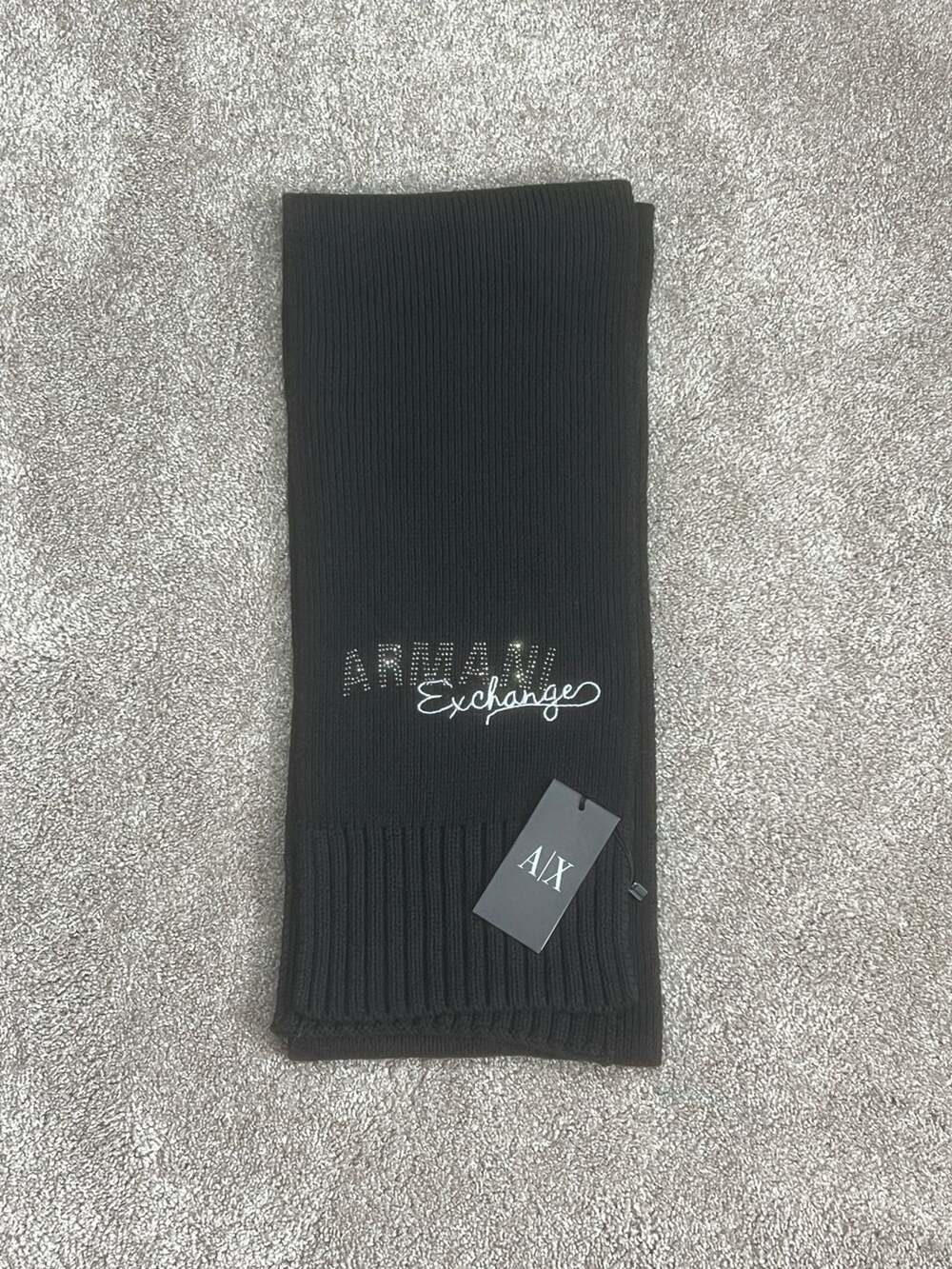 Armani Exchange Rib-Knit Scarf with Rhinestone Logo